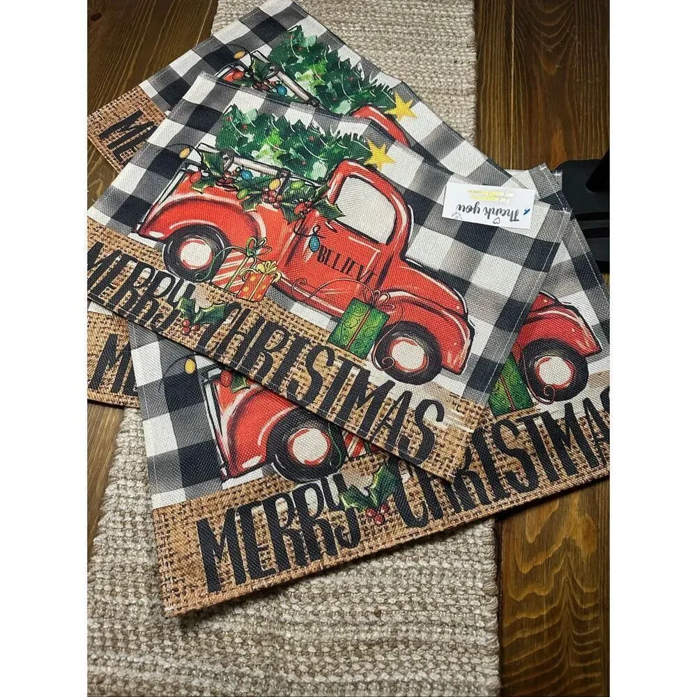 Christmas dining placemats,red truck buffalo plaid set of 4 new
